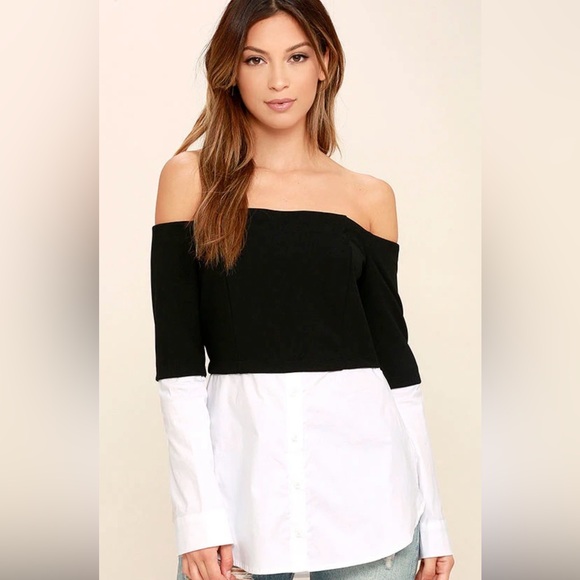 Windsor Tops - Windsor Chic Elegant Black & White Off The Shoulder Blouse Size Small